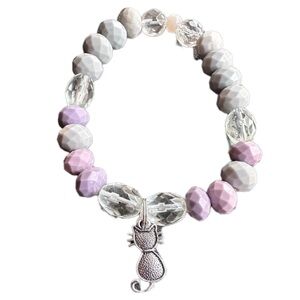 Cat handmade bracelet purple grey stretch silver tone color